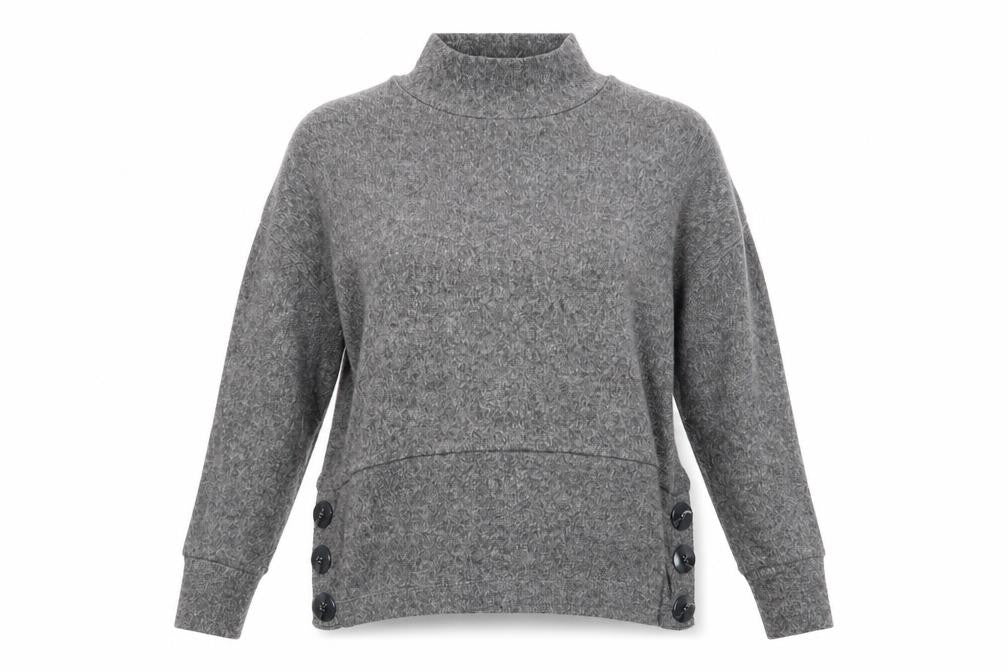 Front view of F&F women’s grey high neck polyester jumper, size UK 10, - fluffy texture large buttons to side hems