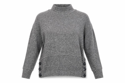 Front view of F&F women’s grey high neck polyester jumper, size UK 10, - fluffy texture large buttons to side hems