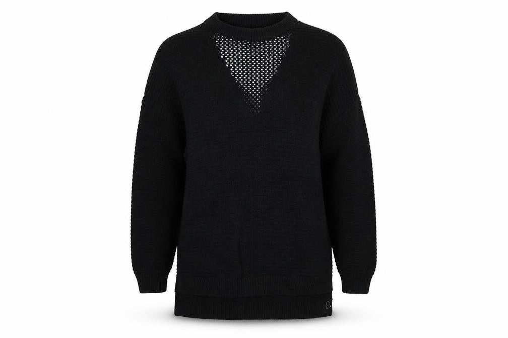 Front view of Atmosphere women’s black round neck acrylic jumper, size S, - open knit neck detail & open back neck