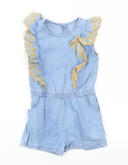 Matalan Girls Blue Floral Cotton Shorts One-Piece Size 2-3 Years - Ruffle with yellow embroidery