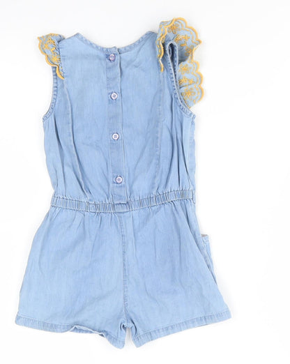 Matalan Girls Blue Floral Cotton Shorts One-Piece Size 2-3 Years   - Ruffle with yellow embroidery