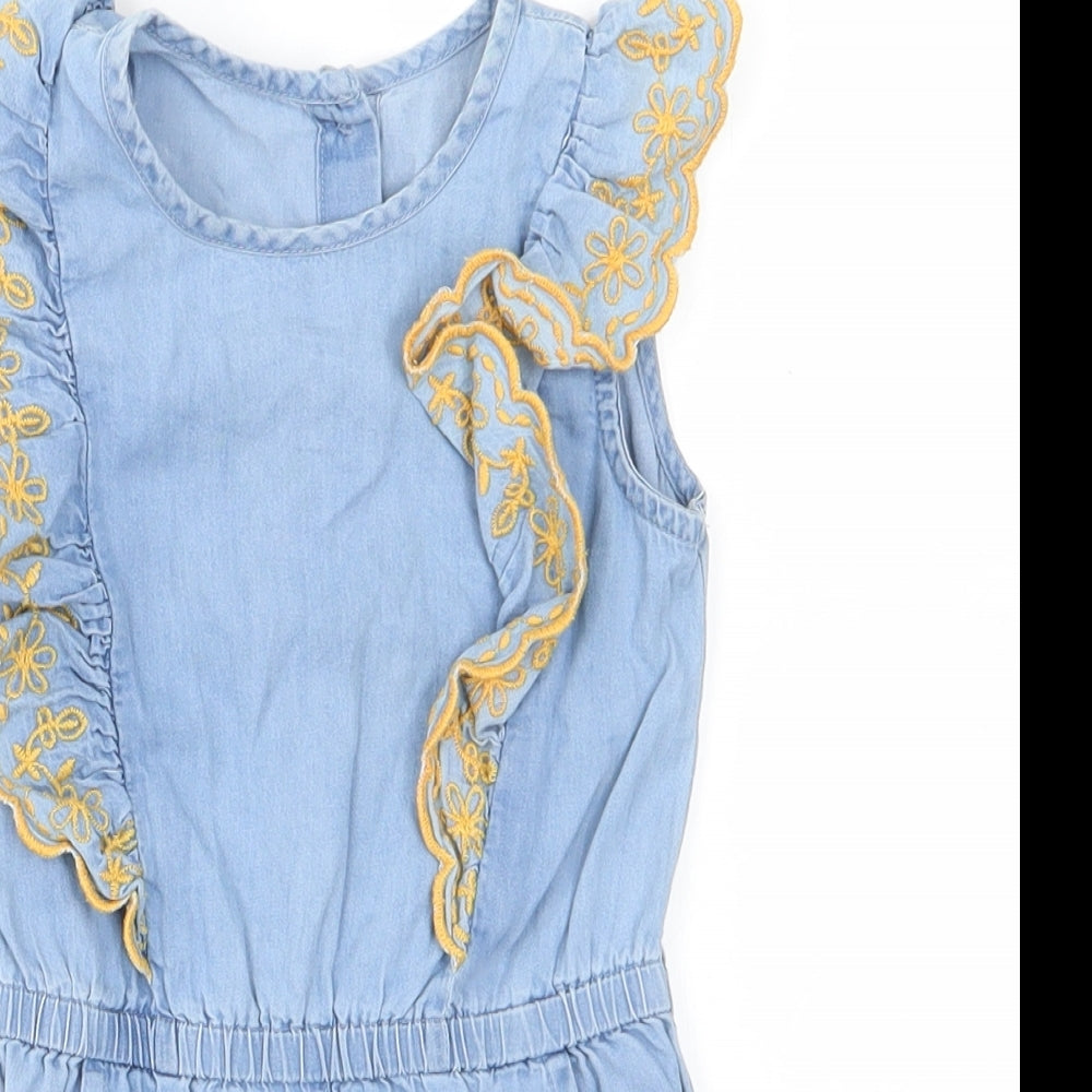 Matalan Girls Blue Floral Cotton Shorts One-Piece Size 2-3 Years   - Ruffle with yellow embroidery