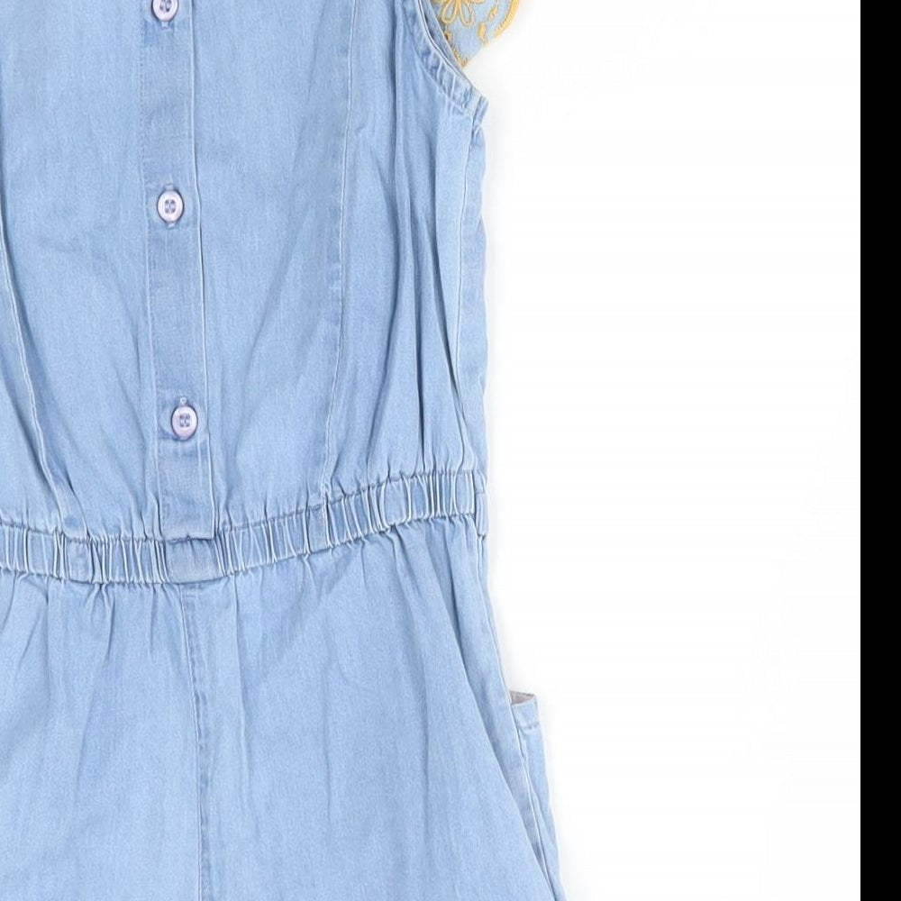 Matalan Girls Blue Floral Cotton Shorts One-Piece Size 2-3 Years   - Ruffle with yellow embroidery
