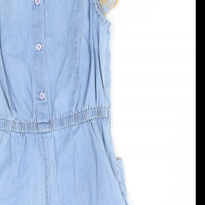Matalan Girls Blue Floral Cotton Shorts One-Piece Size 2-3 Years   - Ruffle with yellow embroidery