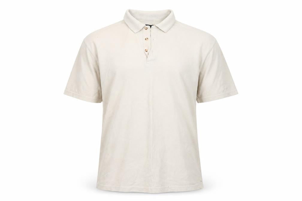 Front view of Originals men’s beige polyester polo, size M, collared - light beige