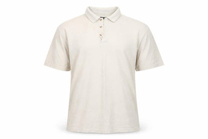 Front view of Originals men’s beige polyester polo, size M, collared - light beige