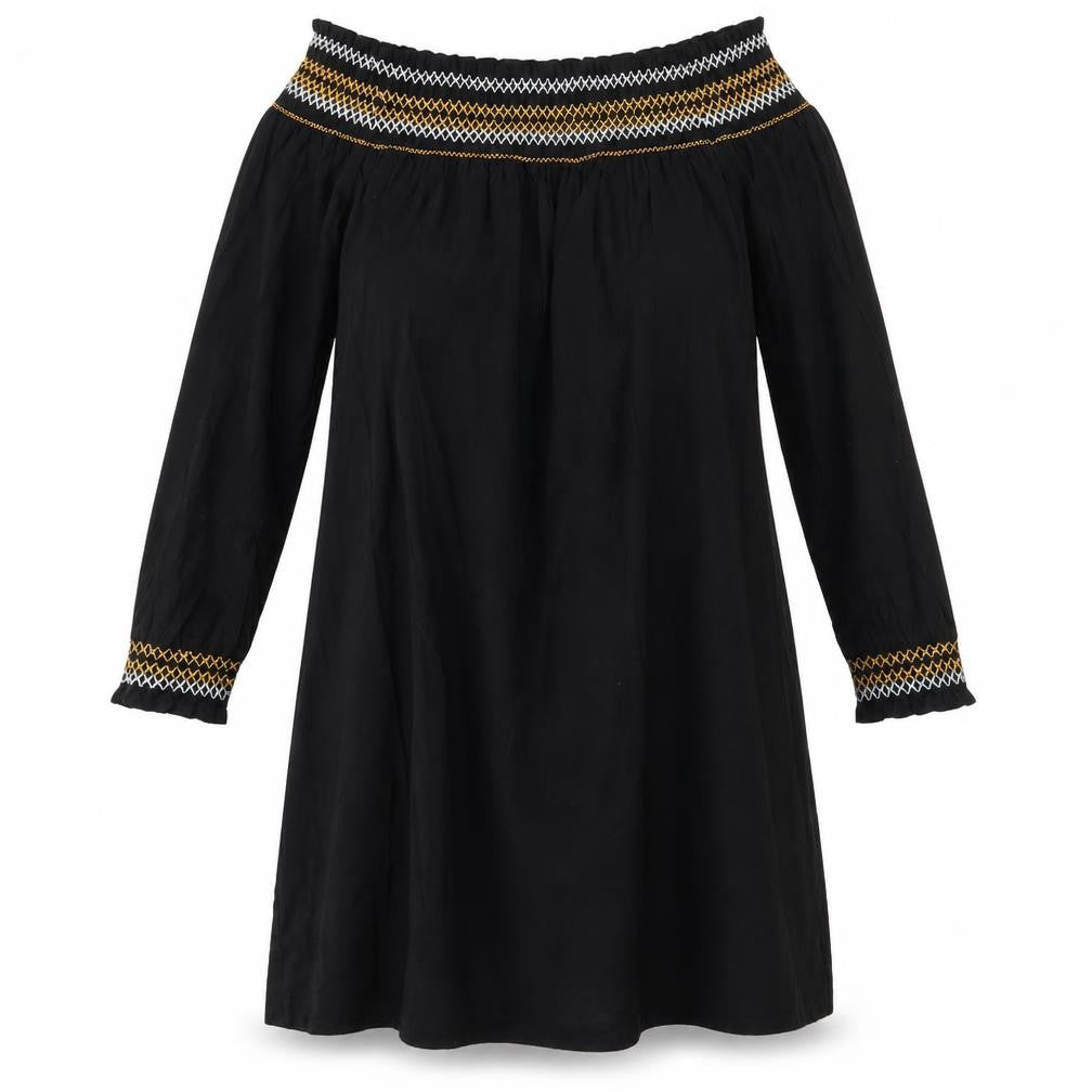 Front view of River Island women’s black geometric cotton a-line, size UK 10, off the shoulder - elasticated shoulders