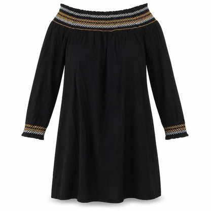 Front view of River Island women’s black geometric cotton a-line, size UK 10, off the shoulder - elasticated shoulders