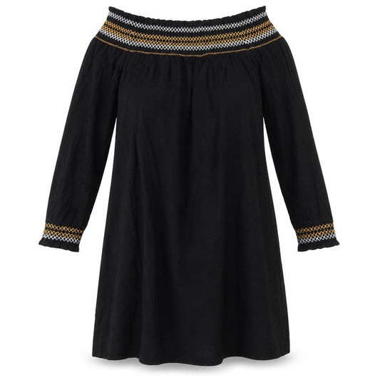 Front view of River Island women’s black geometric cotton a-line, size UK 10, off the shoulder - elasticated shoulders