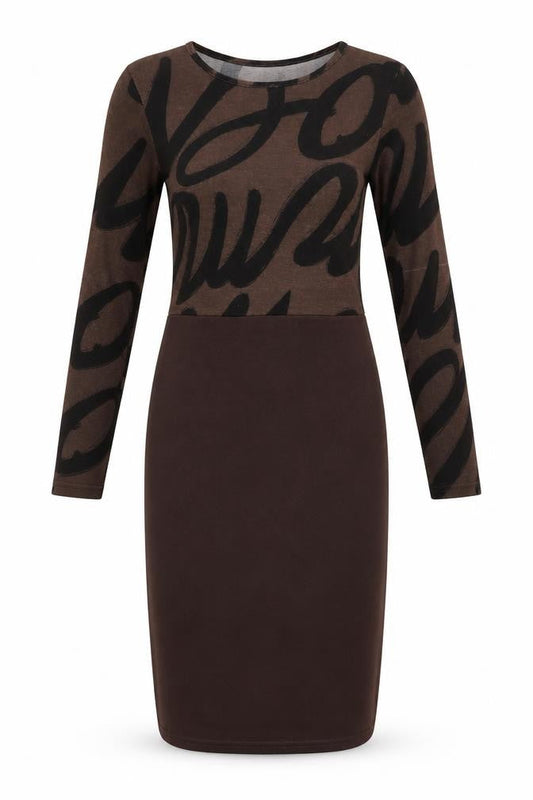 Front view of Indulgence women’s brown geometric polyester bodycon, size S, crew neck