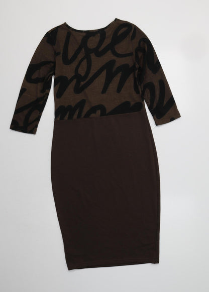 Indulgence Womens Brown Geometric Polyester Bodycon  Size S  Crew Neck