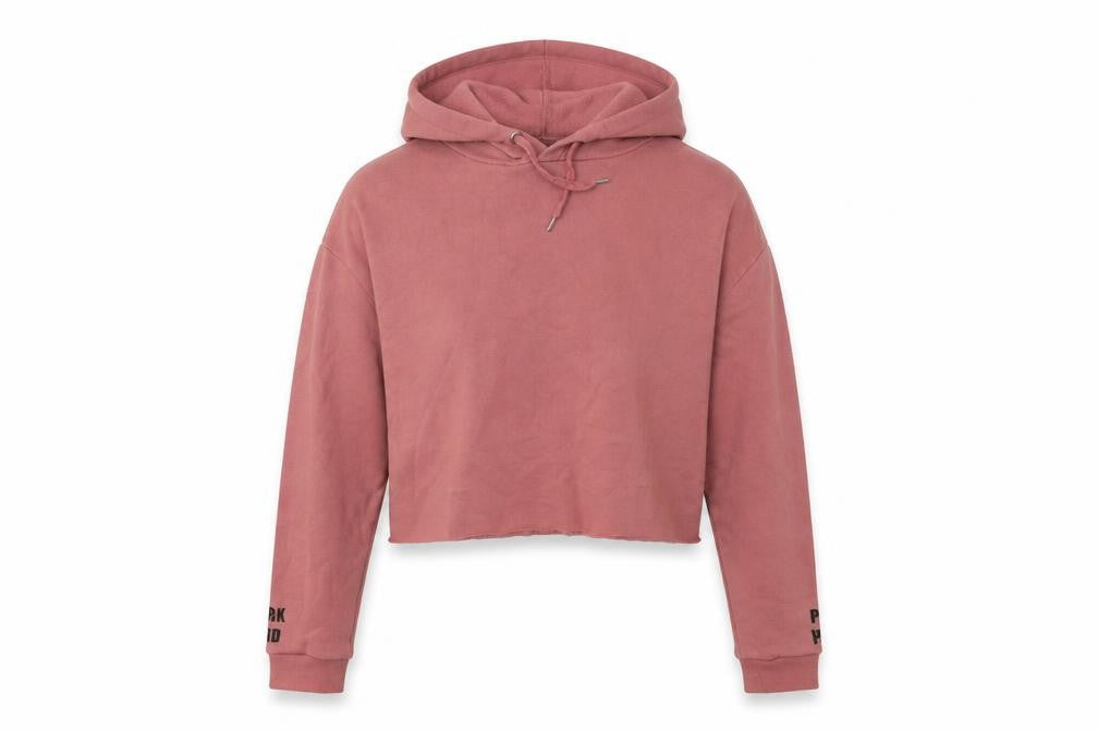 Front view of H&M women’s pink cotton pullover hoodie, size L