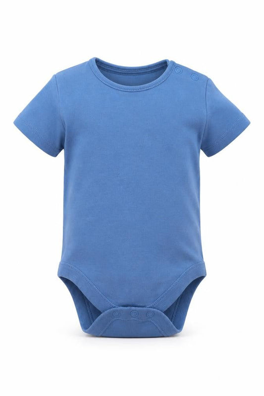 Front view of F&F Baby Blue Cotton Romper One-Piece, size 6-9, Months