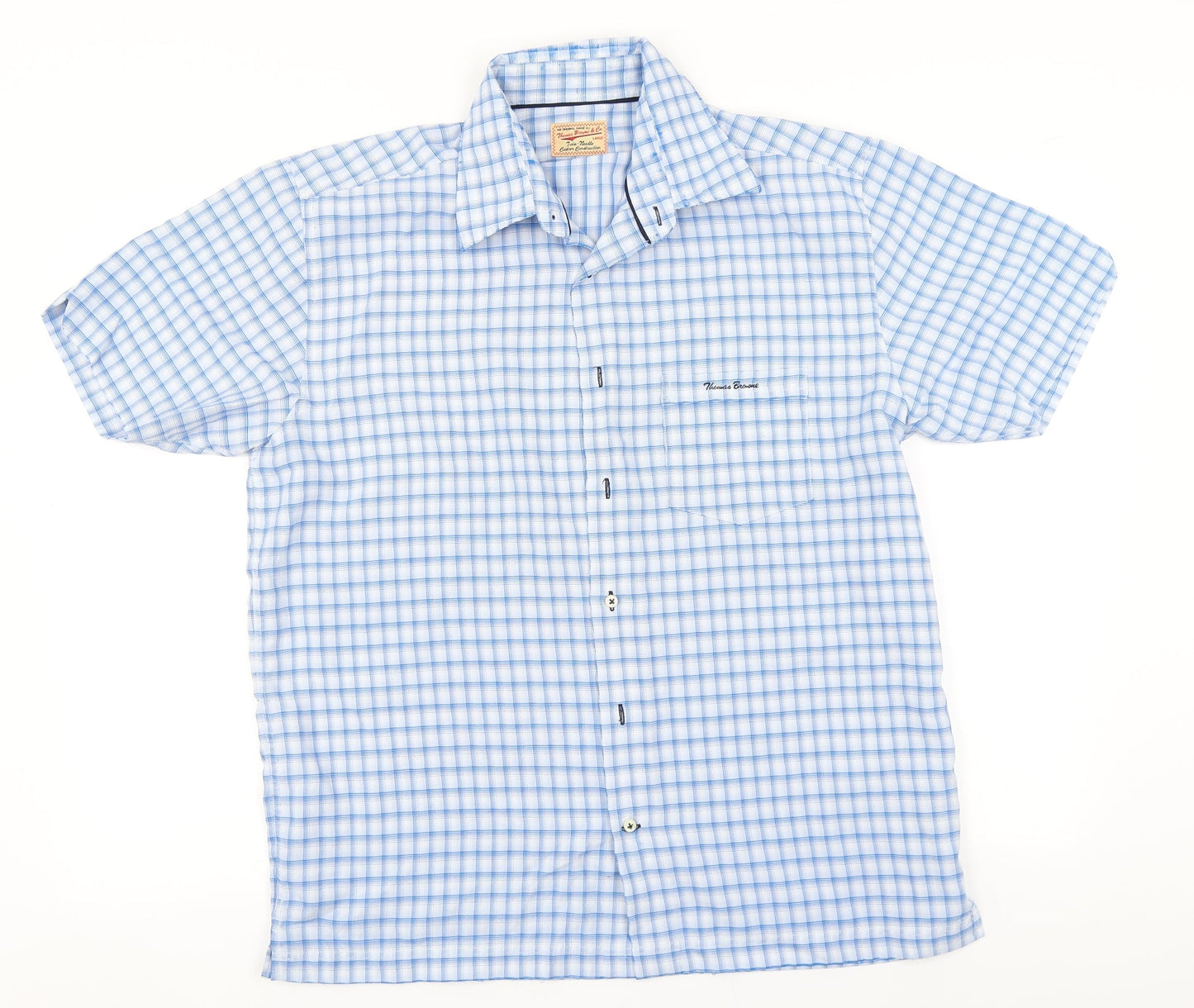 Thomas Brown Mens Blue Plaid Modal  Button-Up Size L Collared