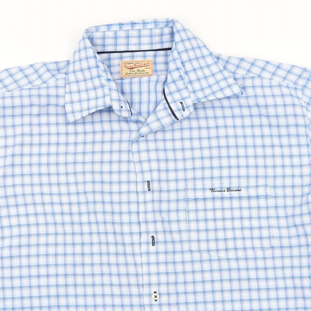 Thomas Brown Mens Blue Plaid Modal  Button-Up Size L Collared