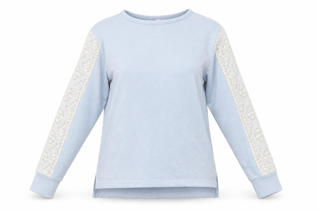 Front view of Flora Nikrooz women’s blue round neck cotton jumper, size S