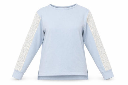 Front view of Flora Nikrooz women’s blue round neck cotton jumper, size S