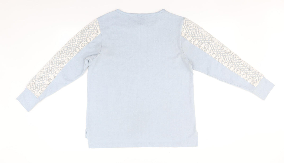 Back view of Flora Nikrooz women’s blue round neck cotton jumper, size S