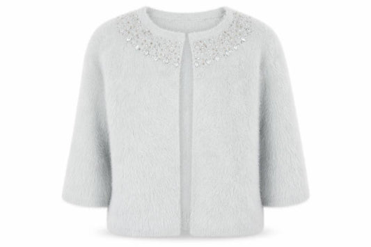 Front view of Hepburn women’s grey round neck polyamide cardigan jumper, size L