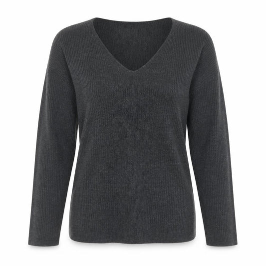 Front view of Marks & Spencer women’s grey scoop neck acrylic jumper, size UK 10