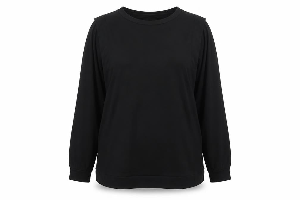 Front view of women’s black polyester pullover sweatshirt, size L