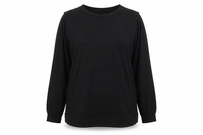 Front view of women’s black polyester pullover sweatshirt, size L