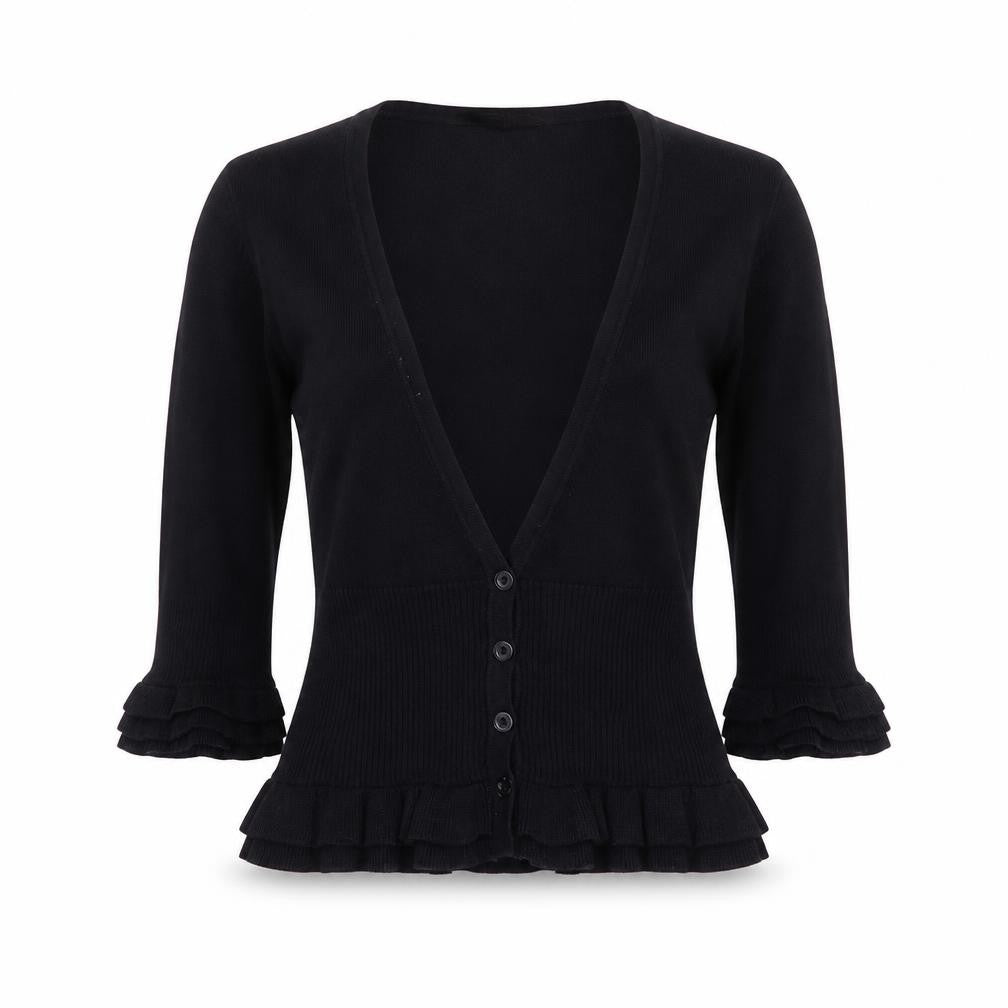 Front view of Star women’s black v-neck cotton cardigan jumper, size UK 10