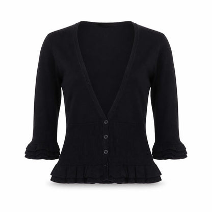 Front view of Star women’s black v-neck cotton cardigan jumper, size UK 10