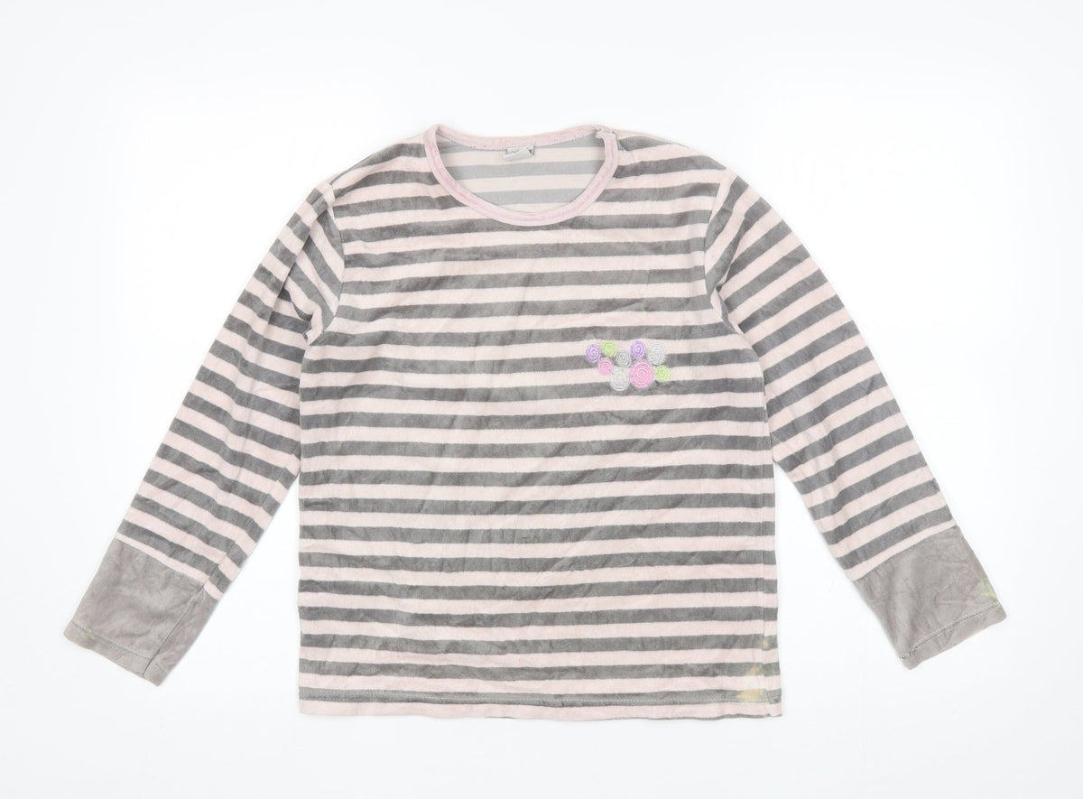 Additional front view of Muslher women’s grey striped polyester blend basic blouse, size UK 14, round neck