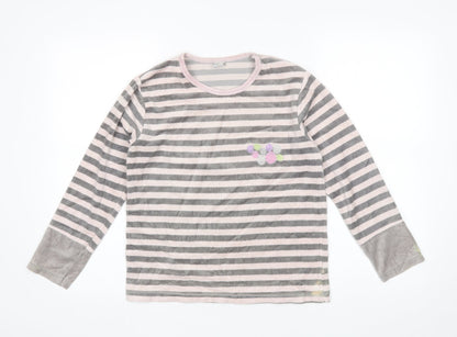 Additional front view of Muslher women’s grey striped polyester blend basic blouse, size UK 14, round neck