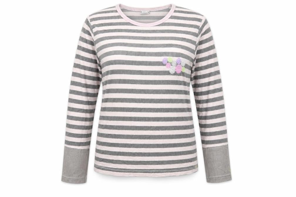 Front view of Muslher women’s grey striped polyester blend basic blouse, size UK 14, round neck