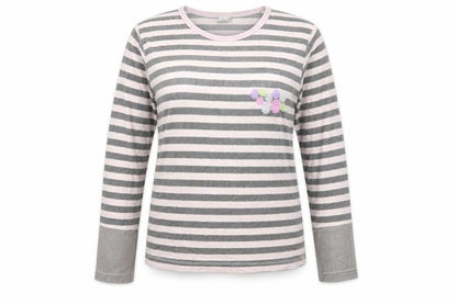 Front view of Muslher women’s grey striped polyester blend basic blouse, size UK 14, round neck