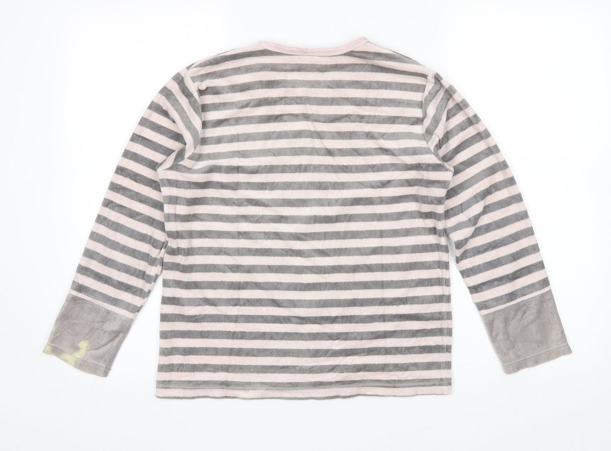 Back view of Muslher women’s grey striped polyester blend basic blouse, size UK 14, round neck