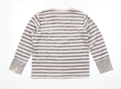 Back view of Muslher women’s grey striped polyester blend basic blouse, size UK 14, round neck