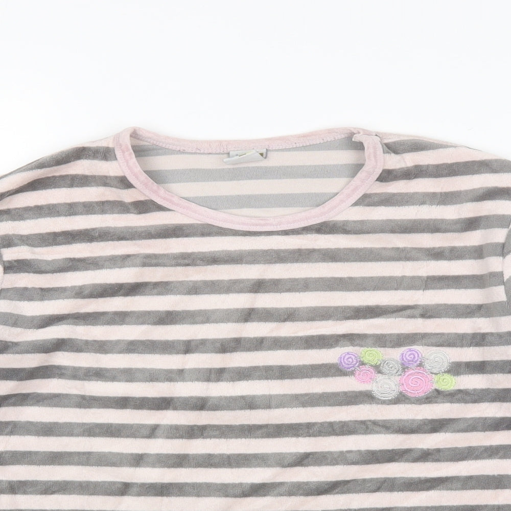Close-up detail of Muslher women’s grey striped polyester blend basic blouse, size UK 14, round neck