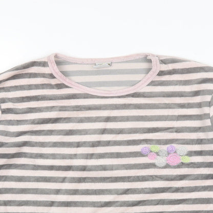 Close-up detail of Muslher women’s grey striped polyester blend basic blouse, size UK 14, round neck