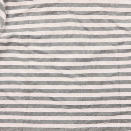 Brand and care label for Muslher women’s grey striped polyester blend basic blouse, size UK 14, round neck