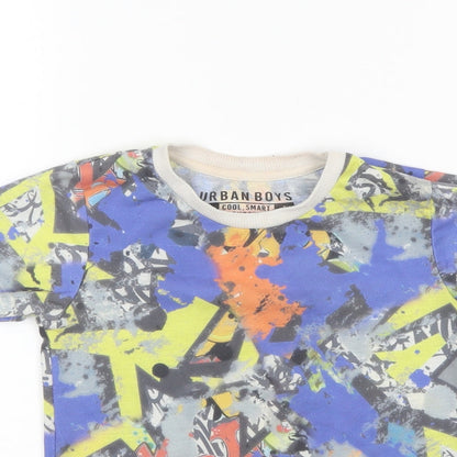 Close-up detail of Matalan boys’ blue polyester basic t-shirt, size 5, years round neck