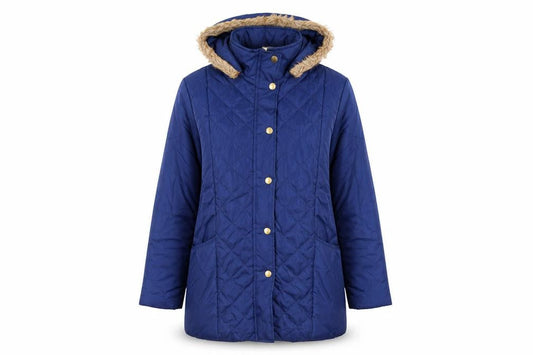 Front view of anne de lancay women’s blue parka coat, size S