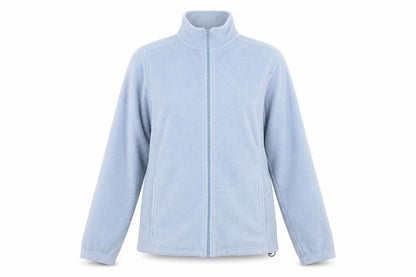 Front view of Hawkshead women’s blue round neck polyester full zip jumper, size S