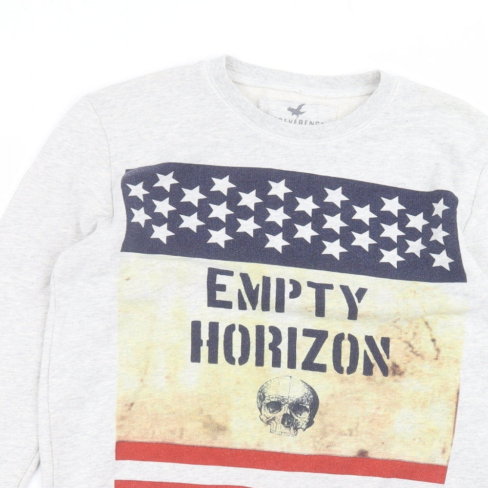 Close-up detail of Irreverence men’s grey round neck cotton jumper, size S