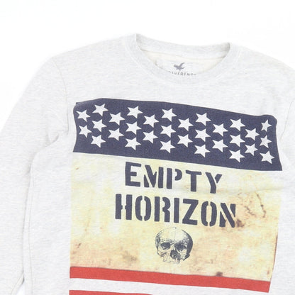 Close-up detail of Irreverence men’s grey round neck cotton jumper, size S