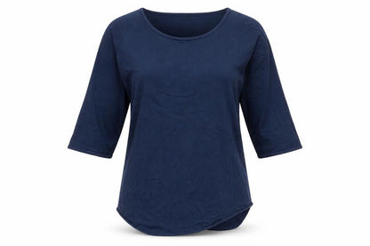 Front view of soft B women’s blue acrylic basic t-shirt, size M, round neck