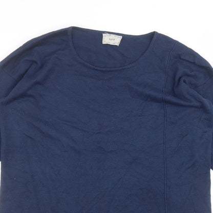 Close-up detail of soft B women’s blue acrylic basic t-shirt, size M, round neck