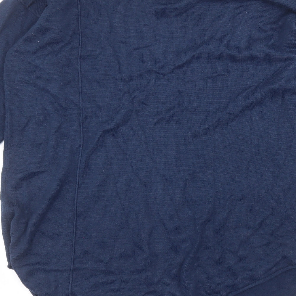 Brand and care label for soft B women’s blue acrylic basic t-shirt, size M, round neck