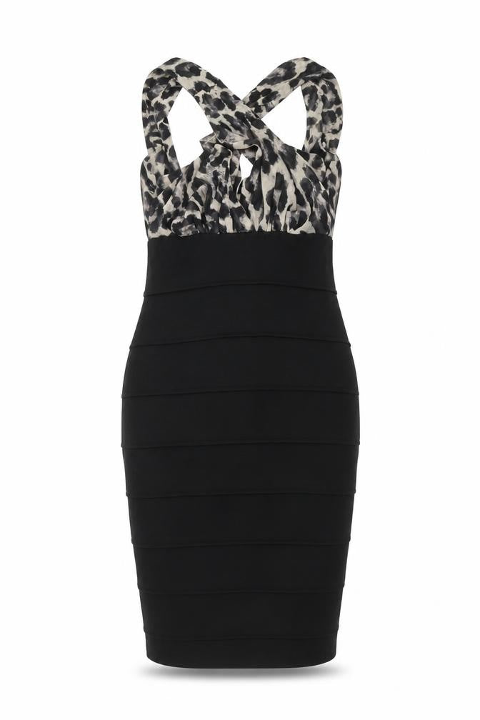 Front view of River Island women’s black polyester pencil dress, size UK 10, round neck
