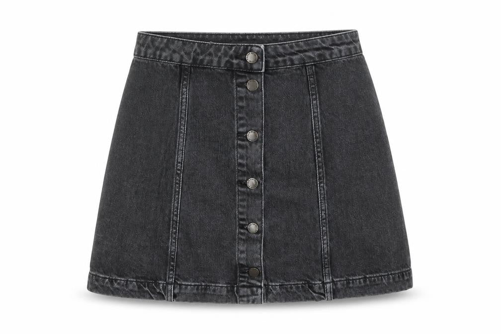 Front view of Topshop women’s black cotton mini skirt, size UK 28, in