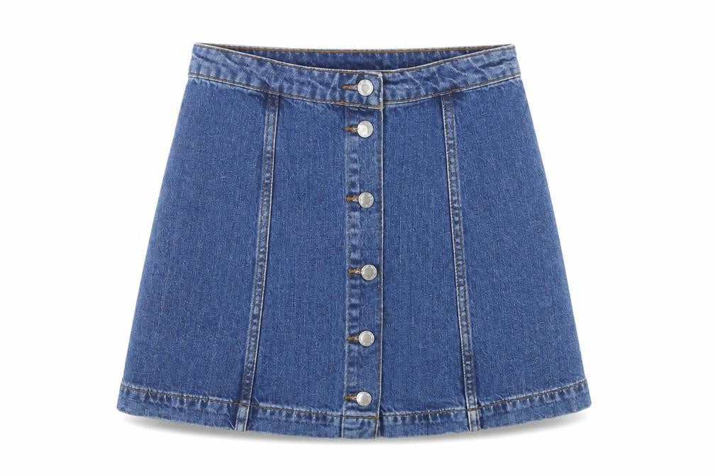 Front view of Topshop women’s blue cotton mini skirt, size UK 28, in