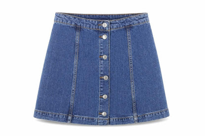 Front view of Topshop women’s blue cotton mini skirt, size UK 28, in