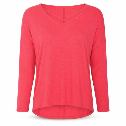 Front view of Papaya women’s pink scoop neck polyester jumper, size UK 12